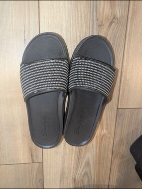 Skechers Black and Silver Beaded Slide Sandals for Women